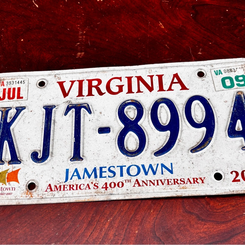Jamestown Virginia License Plate - Blue & Red Lettering KJT